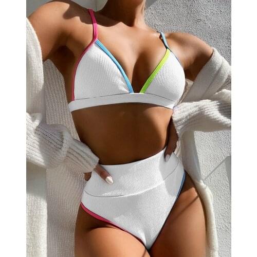 Sexy Bikini Knitted Bra And Panty Set Print High Waisted Swimsuit Solid Color Women Swimming Pool Party Beach Wear Chic Bikini