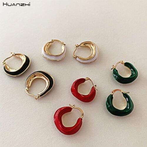 HUANZHI 2020 New Trendy Retro Multicolor Enamel Metal Geometric Irregular Golden Brass Hoop Earrings for Women Girls Jewelry