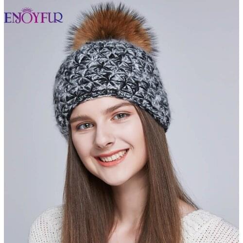 ENJOYFUR Handmade Warm Winter Hats For Women Real Fox/Raccoon Fur Pompom Beanies Mix-color Wool Hat For Girls
