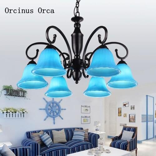 Mediterranean Creative Blue Glass Chandelier living room dining room bedroom European-style pastoral painted LED Chandelier