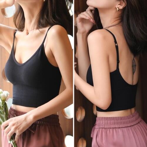 Women Black Crop Tops Seamless Underwear Camis Bra Cropped Top Tee Tank Sexy Lingerie With Removable Padded Camisole Halter Top