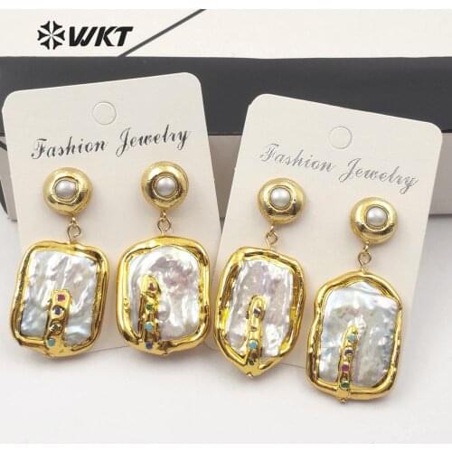 WT-E574 Natural Freshwater Pearl Earrings Rectangle Shape With Multi Color Stone Pave Gold Trim Earring Fashion Woman Earring
