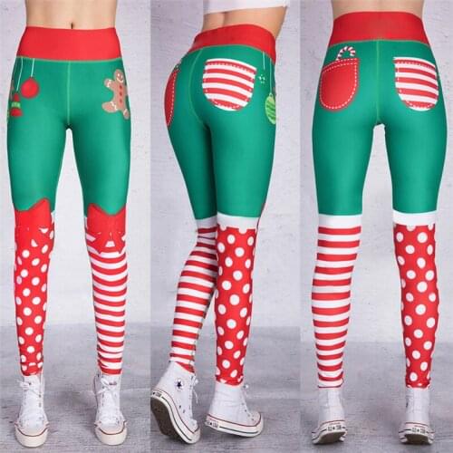 Womens Christmas Leggings High-waist Cartoon Bear Christmas Pants Print Tight-fitting Casual Trousers