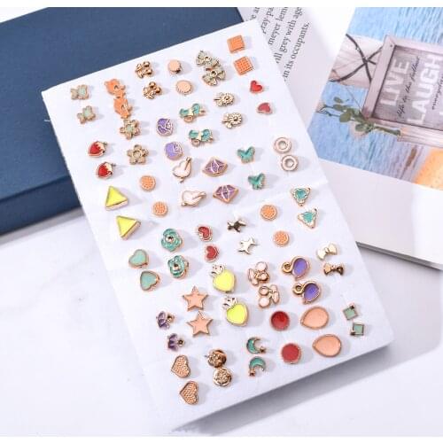 36pair/set Mix Style Gold Color Flower Stud Earring Set Enamel Crown Star Heart Earrings For Women Girl Fashion Party Jewelry