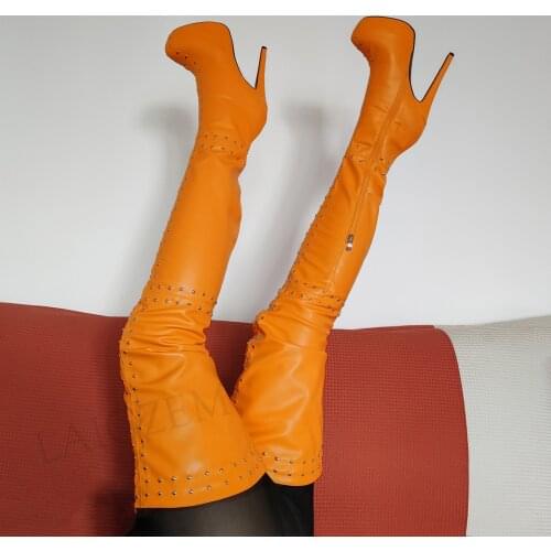 LAIGZEM Women Crotch High Boots Faux Leather Studed Thigh High Heels Platform Boots 4 Seaspms Shoes Woman Large Size 50 51 52