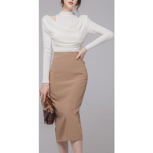 New 2 Pieces Set Women Spring Autumn White Pile Collar Knitted Top And High Waist Bodycon Pencil Skirts Suit Casual Office Lady