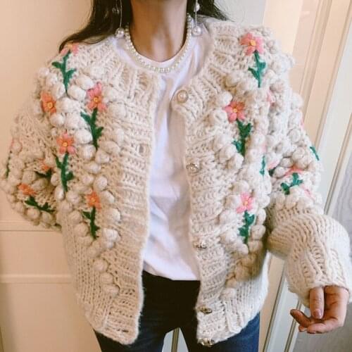 New Autumn Winter Knit Cardigan Coat Women Single-breasted Vintage Flower Embroidery Knitted Sweater Outwear Tops