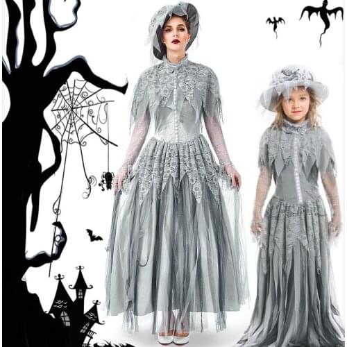 2021 Women Skeleton Ghost Bride Cosplay GirlGrey Lolita Lace Flowers Irregular Long Dress With Hat Carnival Elegant Costume