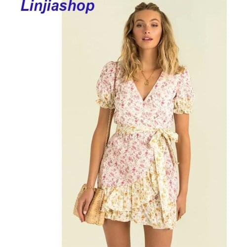 Summer Womens Dress Sexy V-neck Short Sleeve Floral Print High waist Mini Dresses Casual Female Party Lace Vestido