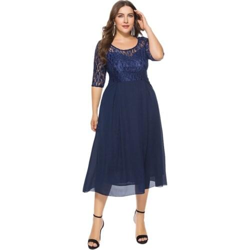 Plus Size Women Dresses Chiffon Lace Spliced Dark Blue O-Neck Evening Gown 5XL 6XL Dress High Quality Mujer Vestido