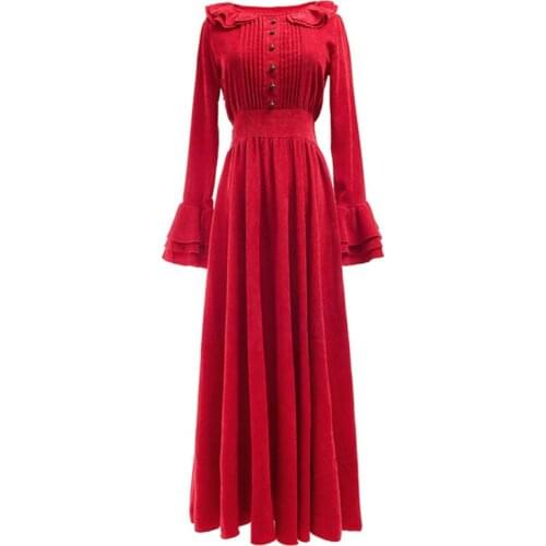 PERHAPS U Blue Red Vintage Solid Button Long Sleeve Flare Sleeve Maxi Long Dress Elegant Autumn Spring Chic Ruffle D1444