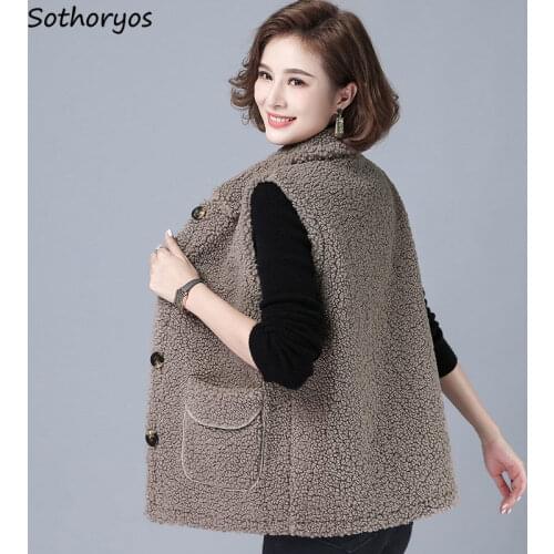 Elegant Lambswool Vests Women Solid Turn-down Collar Autumn Warm All-match Sleeveless Waistcoats Ladies Tender Popular Outerwear