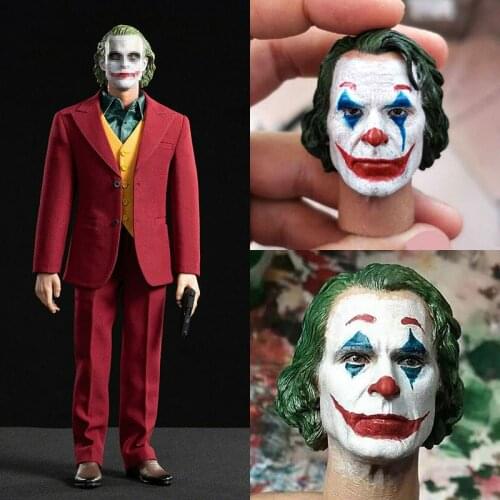 1/6 Joker Joaquin Phoenix Head Sculpt Red Suit Set PVC Makeup Male Clown Head Carving Fit 12'' Action Figure Body