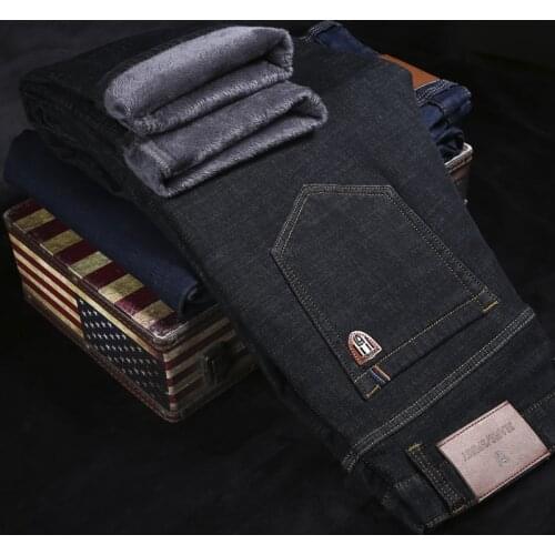 2021 Autumn Winter Brand Fitted Straight Jeans Classic Style Badge Business Casual Fleece Thick Warm Youth Mens Slim Jeans