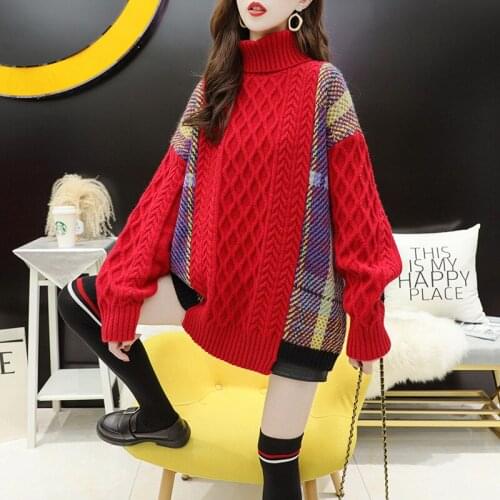 2021 Patchwork New Autumn winter High-necked Hemp Sweater Female Korean Version Loose Lazy Port-flavored Pullovers Jacket