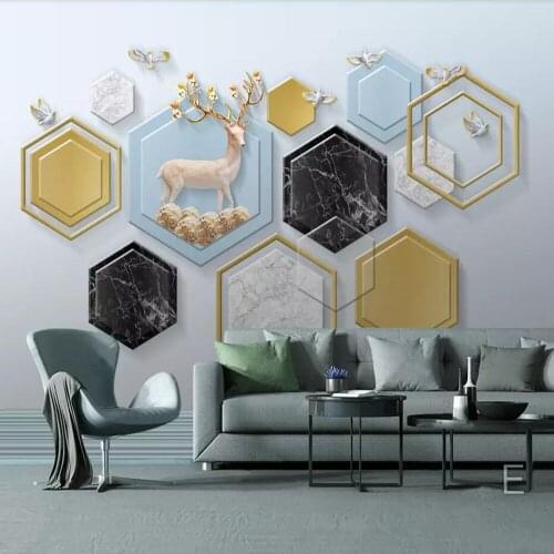 Milofi custom 3D wallpaper mural 3d modern minimalist geometric marble elk fortune tree background wall decoration wallpaper
