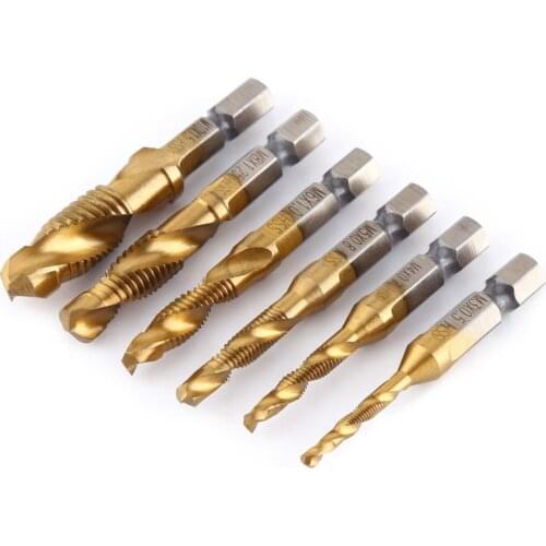 6Pcs 1/4'' Hex HSS High Speed Steel Thread Spiral Screw M3 M4 M5 M6 M8 M10 Metric Composite Tap Drill Bit Tap Countersink Hex