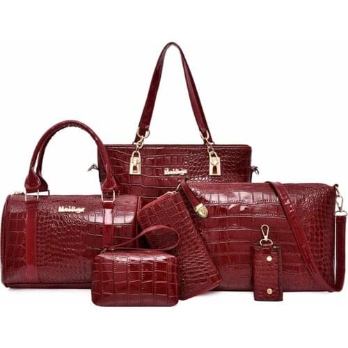 6pcs/set Solid Color Alligator Pattern Luxury Shoulder Messenger Handbags Clutch Retro PU Leather Women Crossbody Top-handle Bag