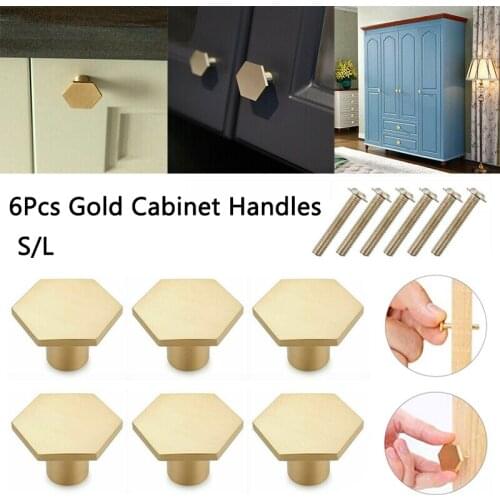 6 Pcs Gold Cabinet Knobs Hexagon Solid Brass Cabinet Pulls Drawer Dresser Knobs with 6 Pieces Screw Kitchen Hardware Handles