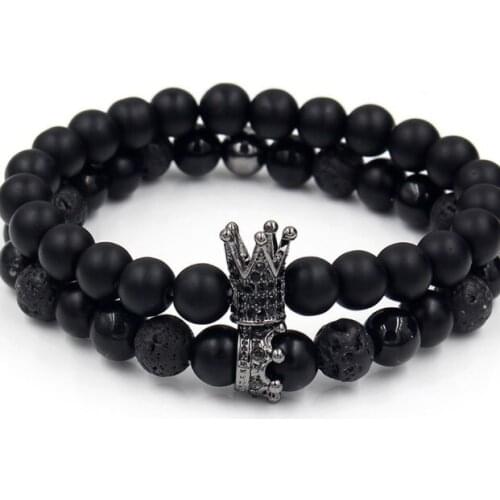 8mm 2PCS/Lot ytg2 elastic adjusted nature stone Frosted agate Onyx black volcanic lava white Howlite Crown Bracelet