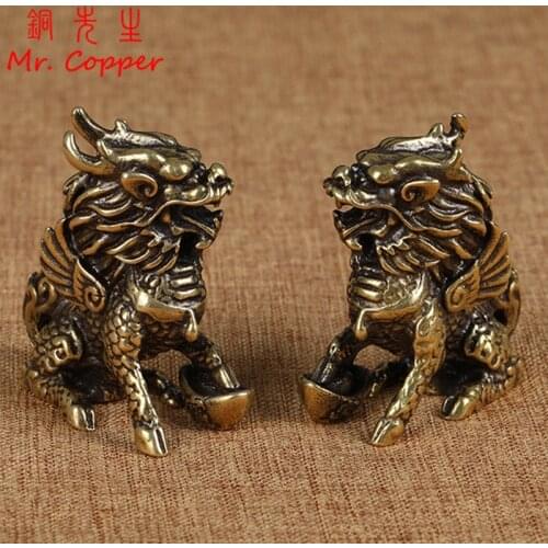 Antique Bronze Chinese Mythical Beast Qi Lin Statue 1 pair Copper Animal Ornaments Lucky Home Feng Shui Living Room Decorations