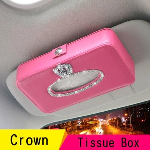 Pink Crown Crystal Rhinestone Car Sun Visor Type Car Tissue Box Pink Holder Diamante Interior Paper Towel Girls Accessories