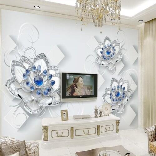Beibehang Wall paper murals living room custom-made European beautiful blue jewelry flowers 3D stereoscopic murals