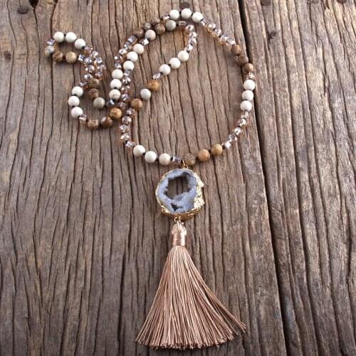 RH Fashion Bohemian Jewelry Semi Precious Stones Knotted Druzy Stone Links Tassel Necklaces For Women Boho Necklace