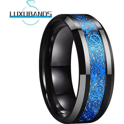 Black 8MM Tungsten Wedding Rings For Men Women Beveled Edges Blue Dragon Meteorite Inlay Polished Finish Comfort Fit