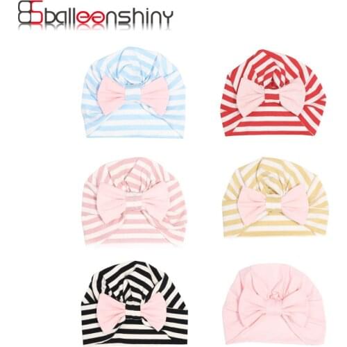 Balleenshiny Striped Bow Baby Hats Printed Knit Polyester Cotton Headband Big Bow Baby Hair Accessories Infant Toddler Hairband