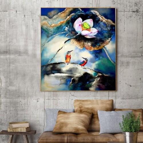 Ancient Chinese Brush Painting Print Canvas Lotus Pond Bird Wall Art Pictures For Living Room Study Decor No Frame