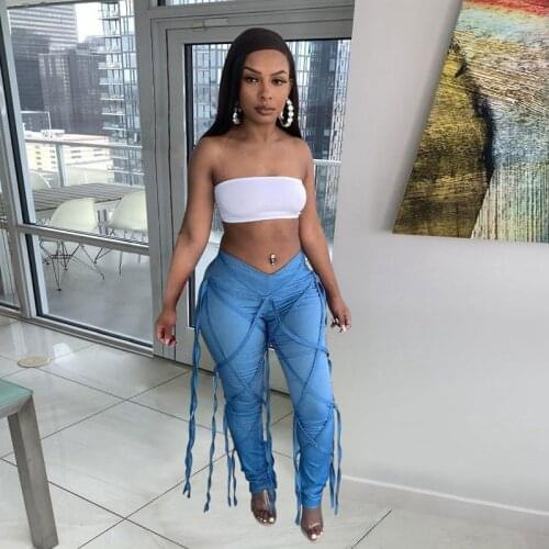 Women Clothing Low Waist Lovely Bandage Jeans Woman Fashion Denim Pencil Pants Lounge Streetwear Y2k Clothes Wholesale Items