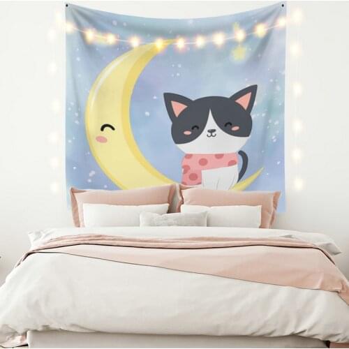 Moom and Black Cat Tapestry Vintage Exotic Summer Plant Nature Frame for Bedroom Photography Wall Decor