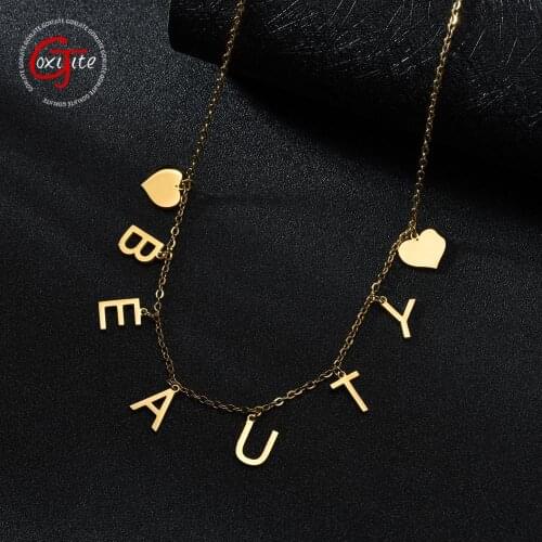 Goxijite Personalized Name Heart Necklace For Women Initial Big Letter Name Choker Necklace With Hearts Stainless Steel Jewelry