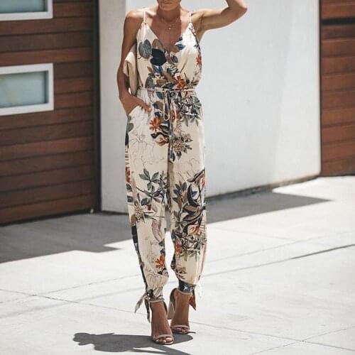 ZYBELLE 2021 Summer Women Casual Sleeveless V- Neck Jumpsuits Fashion Ladies Flower Print Bodysuit Wide Leg Pants Long Trousers