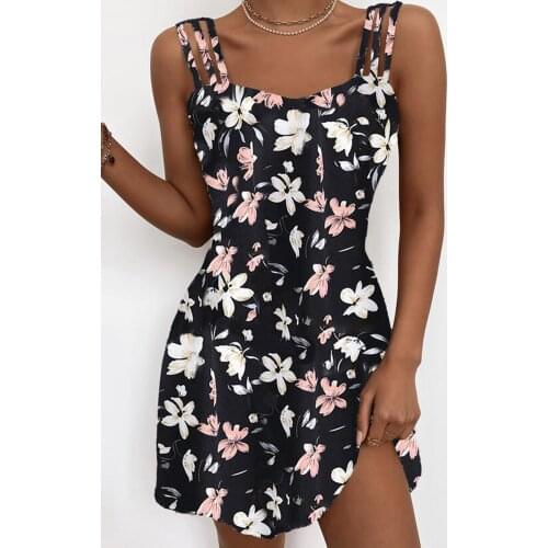Summer Womens Sleeveless Floral Printing A-line Sexy Ladies Holidays Vacation Style Beach Party Mini Dress Sundress Vestidos#35