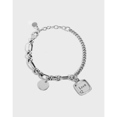 LOVE asymmetry Bracelet 1PC Authentic 925 Sterling Silver Coin &Square Cuban Charm chain Bracelet Wrist Students Jewelry TLS403