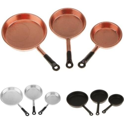 1/12 Scale 3pcs Dollhouse Miniature Metal Frying Pans Cooking Pot Cookware Kitchen Accessory