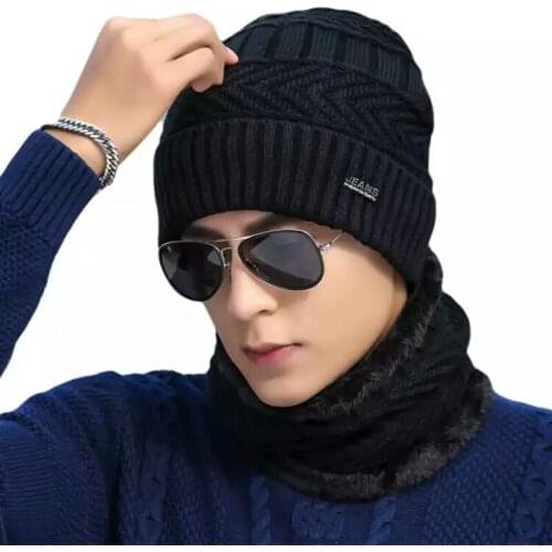 Men winter hat scarf set male warm fleece knitted beanie cap with neck warmer Balaclava