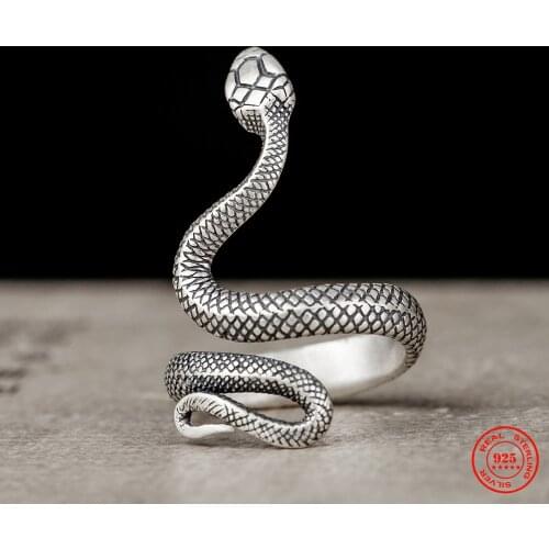 MKENDN Vintage 100% 925 Sterling Silver Snake Ring For Men and Women Gothic Street Hip Hop Punk Dark Jewelry