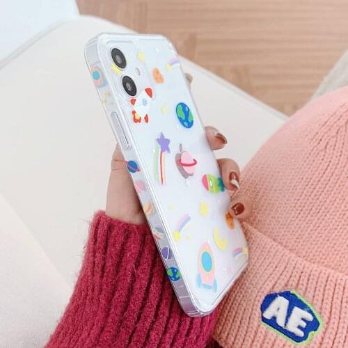 Side Pattern Cartoon Planet Square Phone Case For iPhone 11 12 Pro Max XR XS Max X 7 8 Plus Soft Bumper Shockproof Clear Cover
