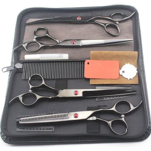 5 kit Japan 440c 7 '' black pet dog grooming hair scissors pet cutting shears haircut thinning barber hairdressing scissors set