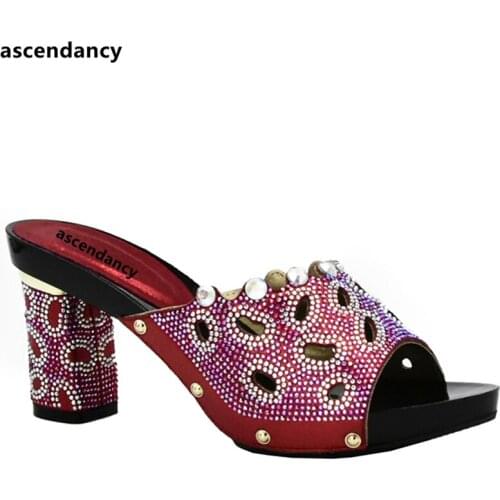 Latest Red Color African Wedding Shoe High Quality Elegant Italian Women Shoes with Stone High Heels Women Rhinestone Pumps Shoe