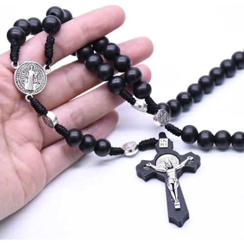 Black Wooden Rosary Necklace Religious Elegance Catholic Cross Pendant Necklace Mens and Womens Christian Prayer Jewelry