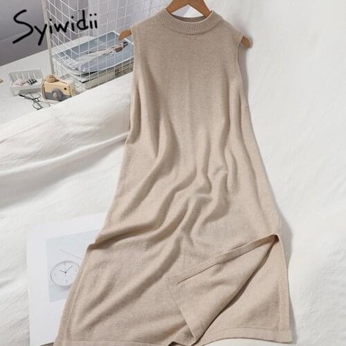 Syiwidii Knitted Dresses Women Summer 2021 New O-Neck Fashion Casual Sleeveless Side Slit A-line Midi Dress Office Lady Black