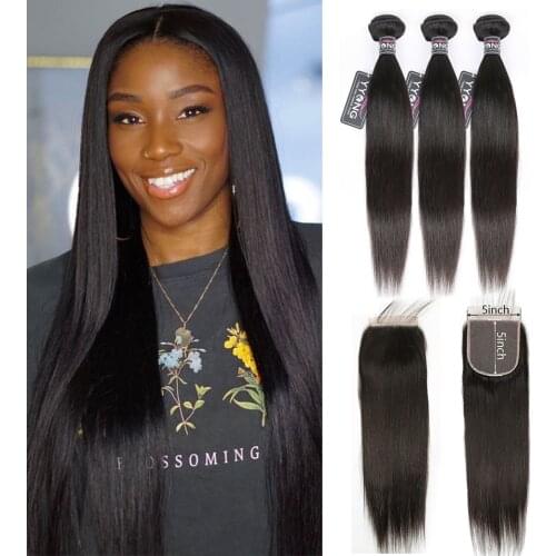 YYong 14-22inch 5x5 Closure With Bundles Remy Malaysian Straight Bundles With Closure 100% Human Hair Lace Closure With Bundles