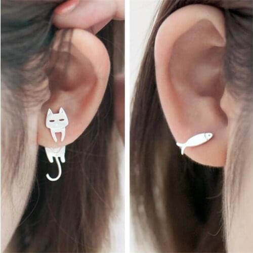 Cute Cat Fish Paired Stud Earrings For Women Teens Girls Creative Trendy Asymmetric Animal Statement Earrings Fashion Jewelry