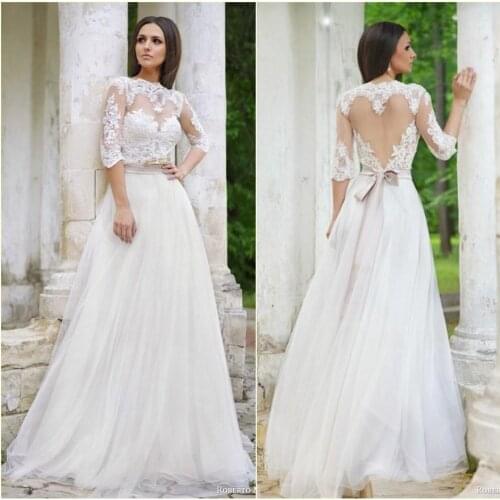 A line White Lace Appliques 2021 See Through Backless White Bridal Gown Sweep Train Half Sleeve Wedding Dresses