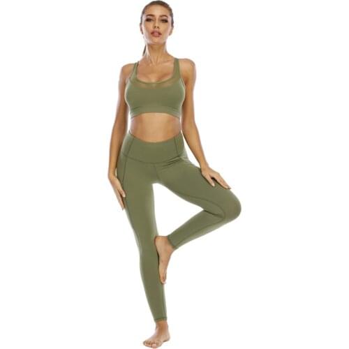 ArmyGreen Workout Clothes for Women Yoga Set Seamless High Waist Hollow Back Pocketed Leggings Sports Gym Clothing Fitness Suit