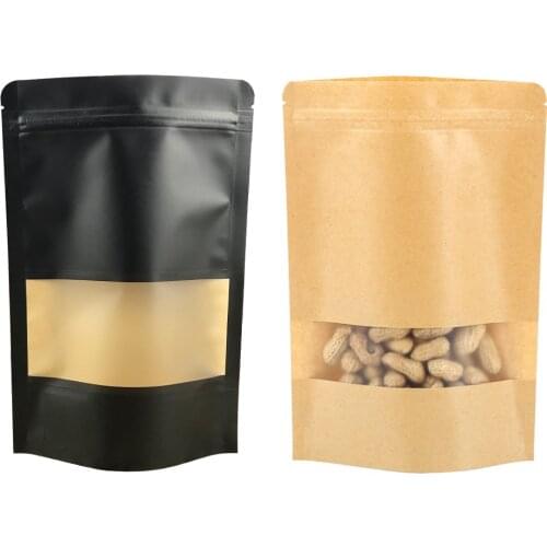 Moisture Proof Matte Black Brown Stand Up Pouches Zip Lock Kraft Paper Bags Snack Nuts Food Storage Packaging Bags with Window